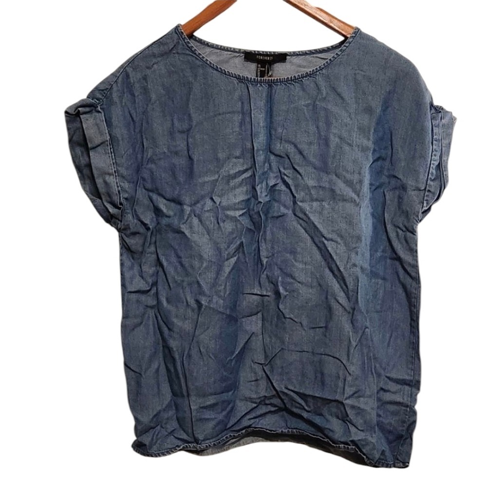 Forever 21 Denim Chambray Tunic Top Short Sleeve Casual Womens Size S